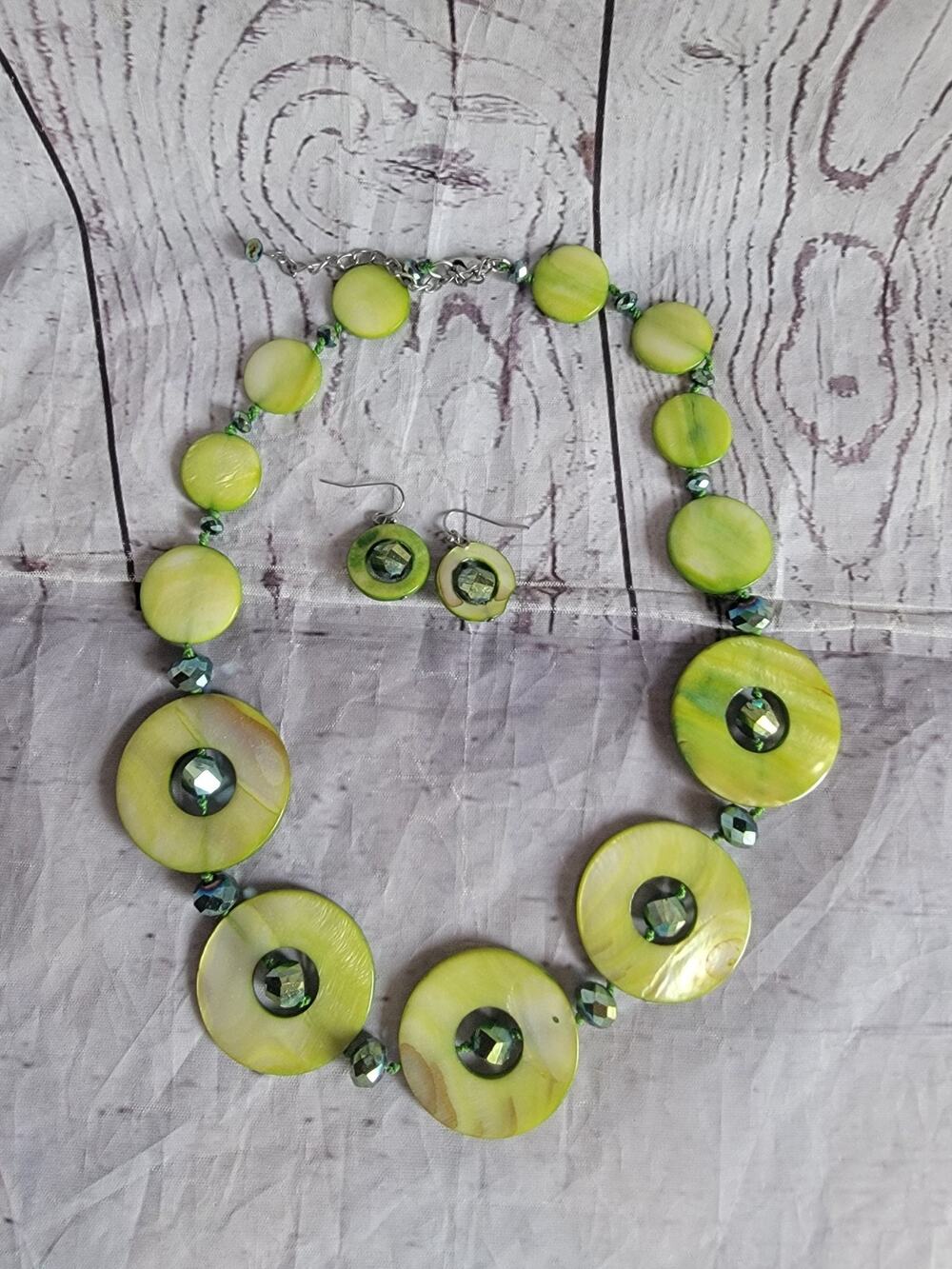 Pea Green Round Shell Necklace Chime round statement Piece Matching Earrings
